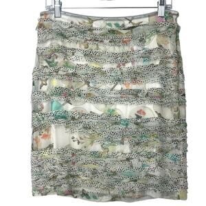 Marc Cain Silk Layered Ruffle Straight Pencil Mini Skirt Floral Abstract Print